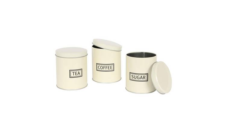 Harbour Housewares 3pc Round Metal Tea Coffee Sugar Canister Set - Cream