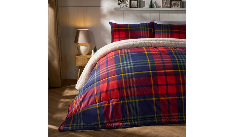 OHS Tartan Check Sherpa 10.5 Tog Coverless Duvet Set Red/Navy - King