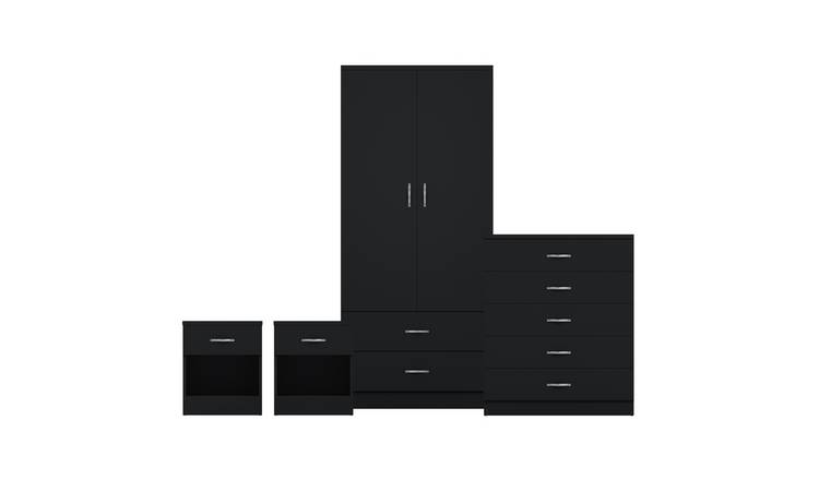 Vida Designs Riano Bedroom Set (Bedsides, 5 Drawer Chest, 2x2 Wardrobe) - Black