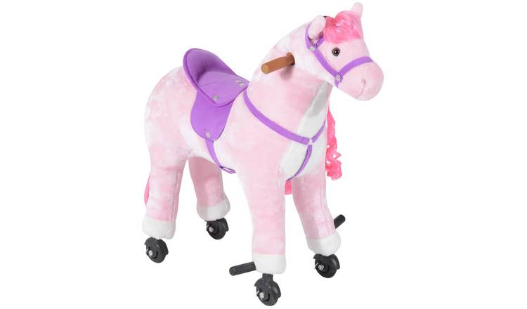 HOMCOM Plush Wheels Realistic Sounds Kids Walking Horse - Pink