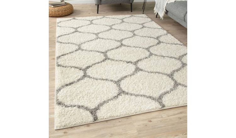 The Rugs Cream and Grey Moroccan Shaggy Trellis Rug - 60 x 110cm