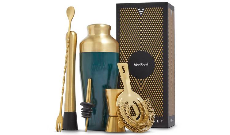 VonShef 550ml 6pc Parisian Cocktail Shaker Set - Green/Gold