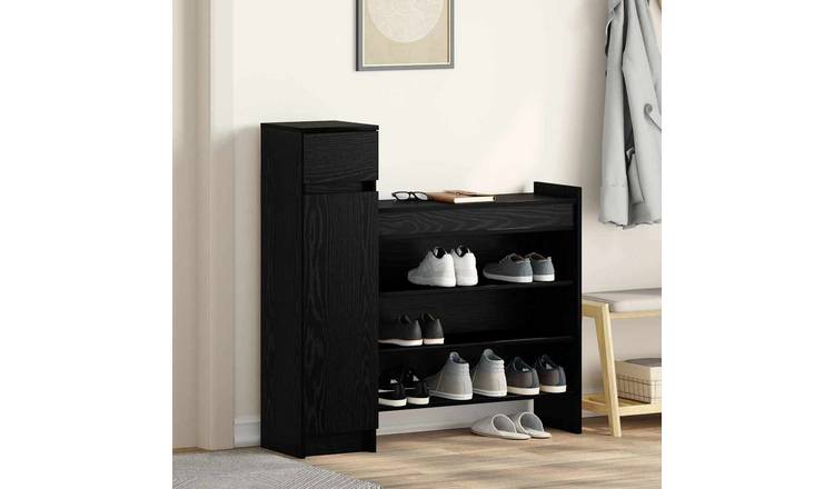 Walplus Engineered Wood Shoe Cabinet - Black Oak - 100.5 x 28 x 100 cm