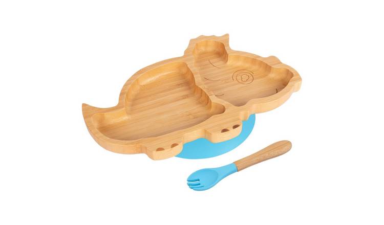 Tiny Dining Bamboo Dinosaur Baby Weaning Plate & Fork Set - Blue
