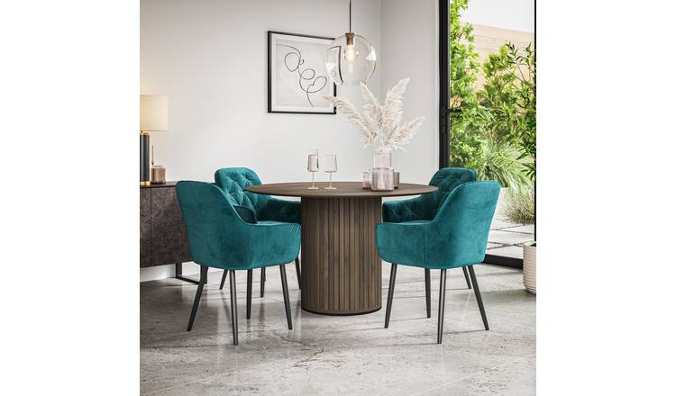 Furniture Online Arlo Anika Walnut Top w Wal Legs Dining Table & 4 Blue Chairs