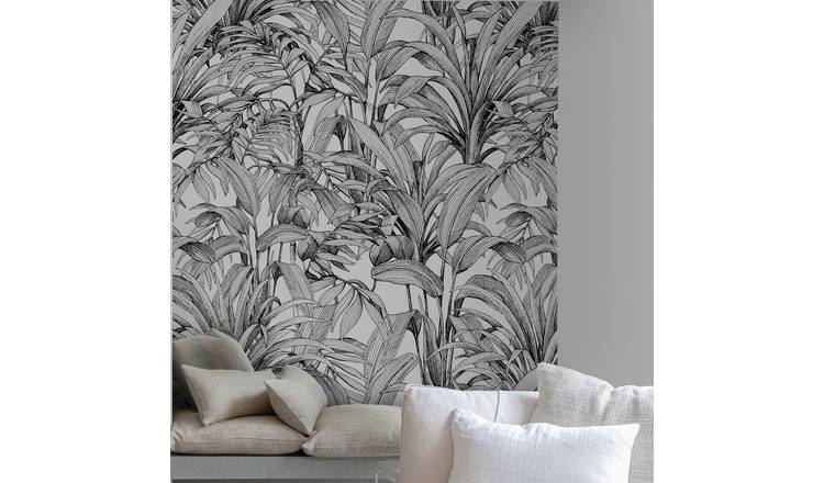 Grandeco Aliare Botanical Palm 3 Lane Repeatable Wallpaper Mural   - White