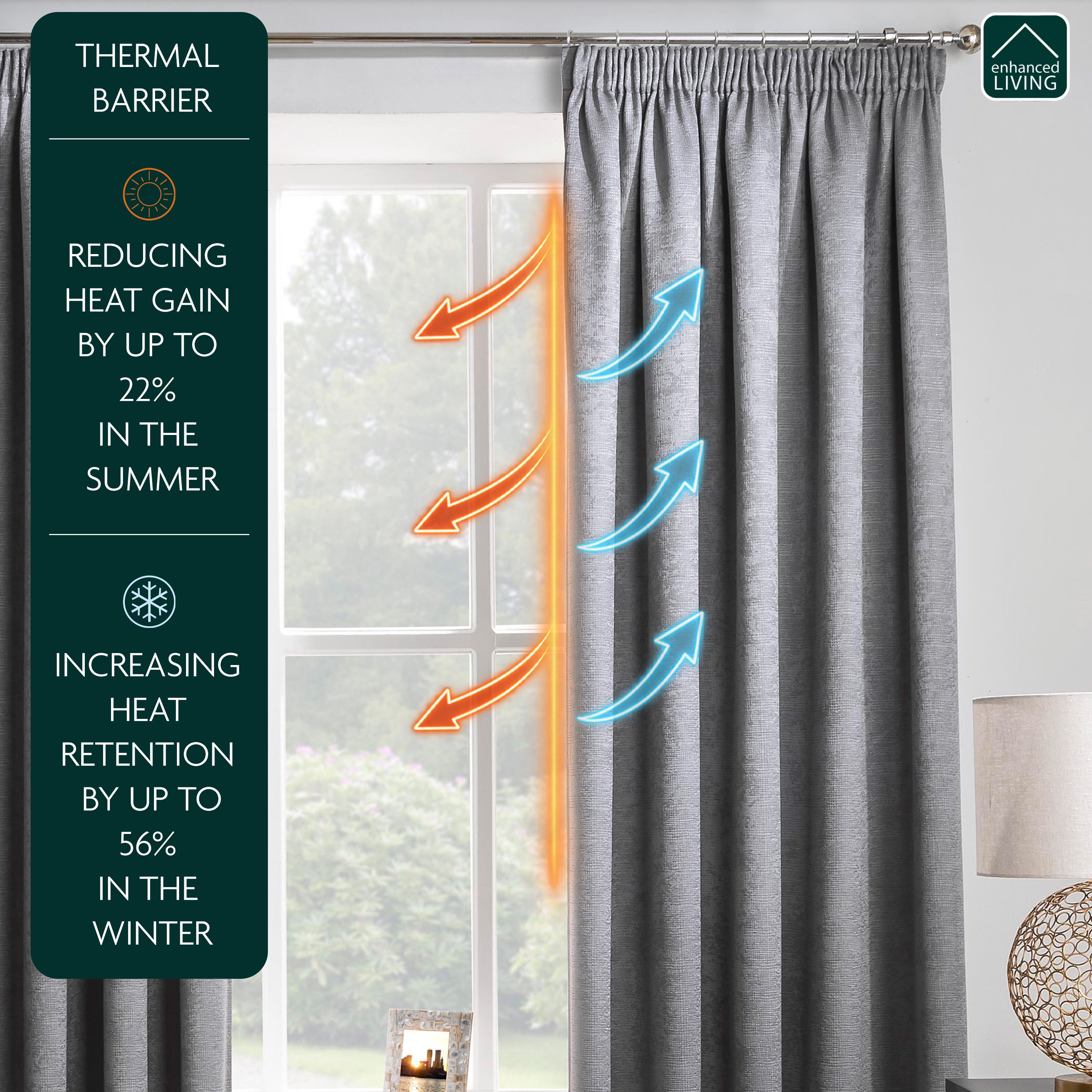 Enhanced Living Matrix Pencil Pleat Thermal Curtains - 117 x 137cm - Grey - Image 2