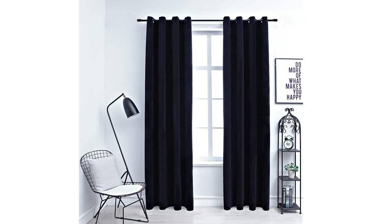 Walplus Pack of 2 Velvet Ring Top Blackout Curtains - Black - 140 x 245 cm