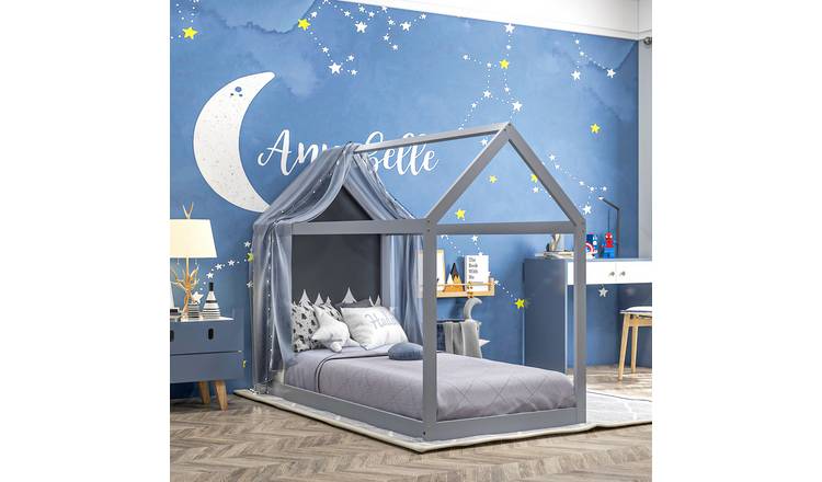 HOMCOM Wooden Single Bed Frame with House Scandinavian Style - Grey