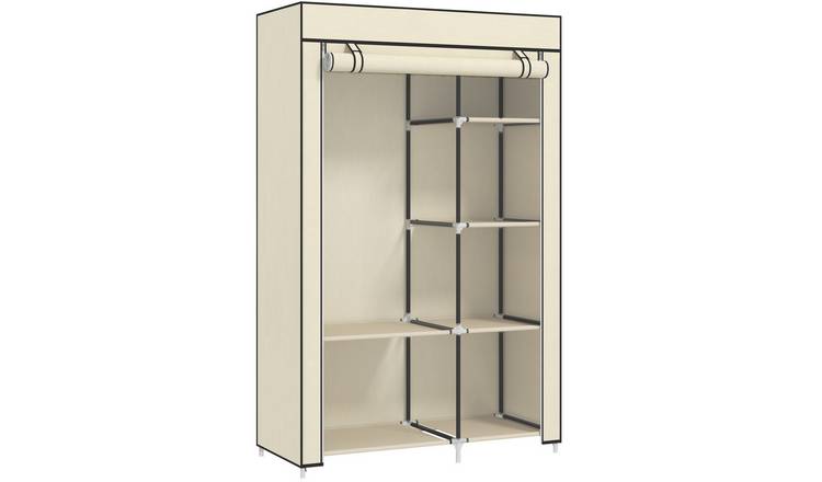 HOMCOM Foldable Fabric Wardrobe with 6 Shelves and Hanging Rail - Cream White