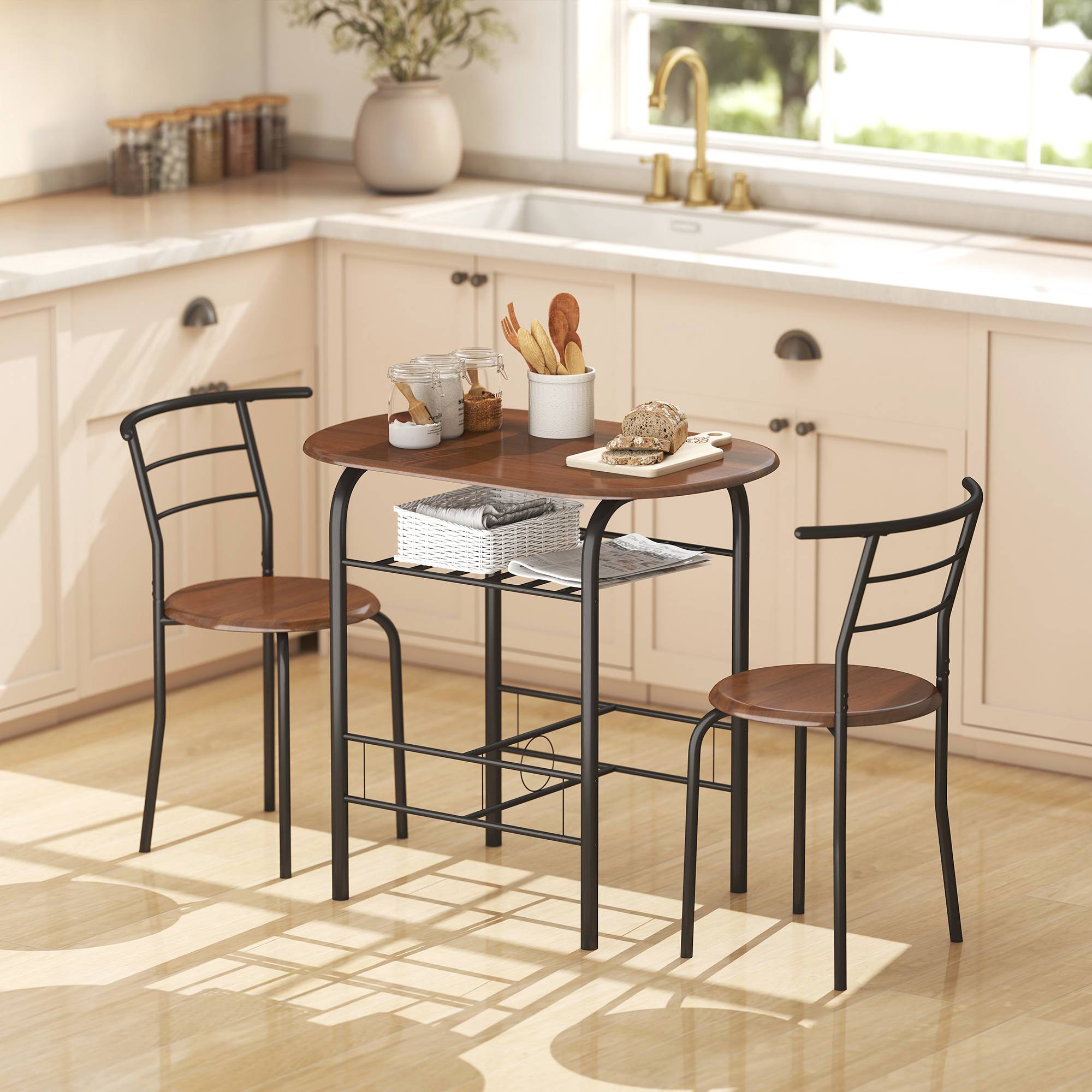 HOMCOM 3 Piece Metal Dining Table with Storage Shelf - Natural Wood - Image 2