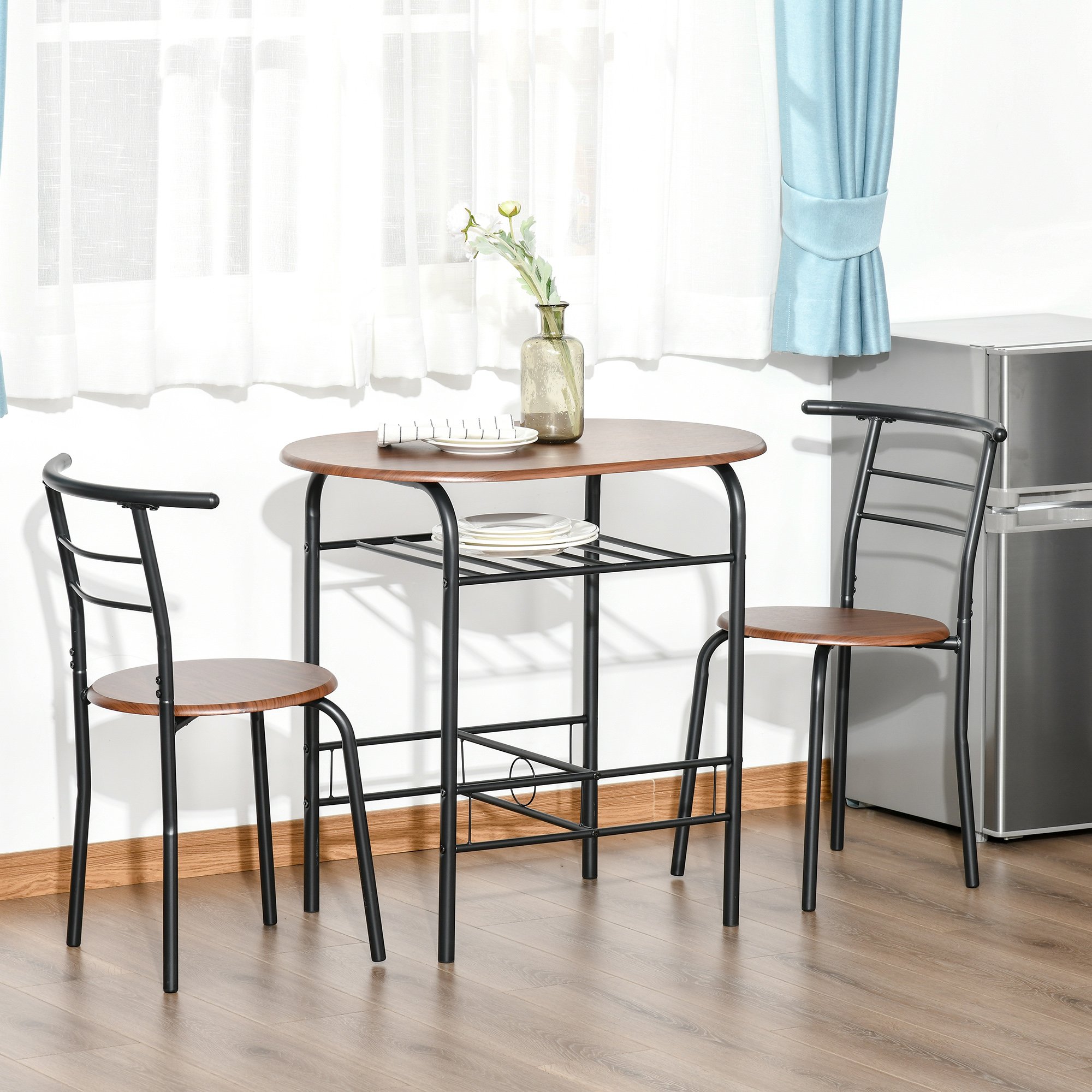 HOMCOM 3 Piece Metal Dining Table with Storage Shelf - Natural Wood - Image 5
