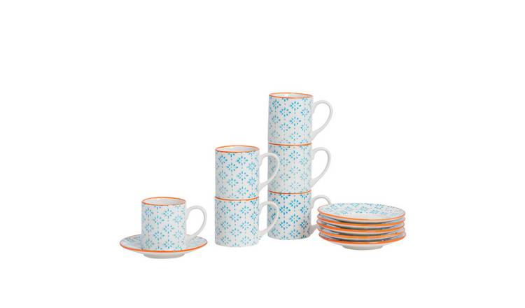 Nicola Spring 12 Piece Hand-Printed Espresso Cup & Saucer Set - 65ml - Blue