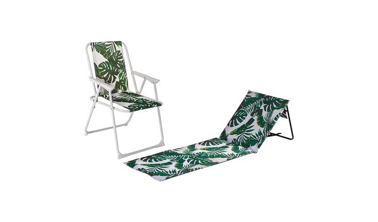 Harbour Housewares 2 Piece Folding Beach Set - Banana Leaf - Lounger and Chair