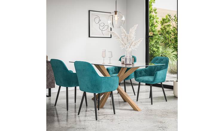 Furniture Online Etta Anika Glass Top Dining Table & 6 Blue Chairs