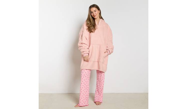 OHS Teddy Sherpa Reverse Hoodie Blanket - One Size - Blush
