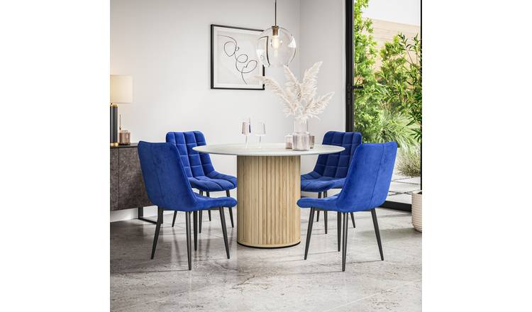 Furniture Online Arlo Nova Marble Top w Oak Legs Dining Table & 6 Blue Chairs