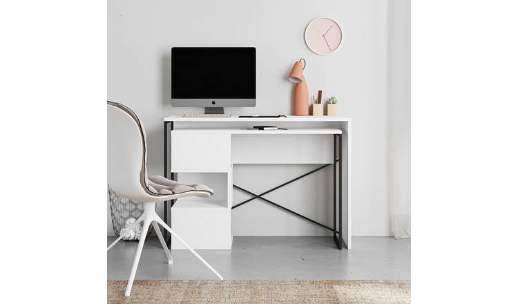 Decortie Badau Wood Effect Metal Frame L-Shaped Corner Desk - White