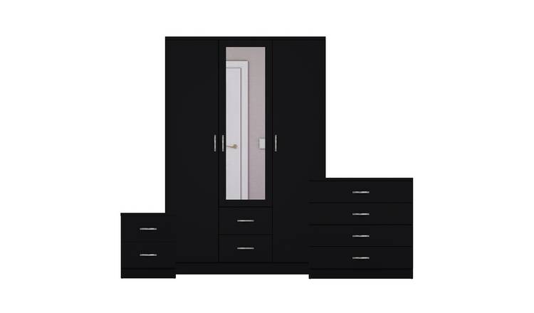 Vida Designs Riano Bedroom Set (Bedside, 4 Drawer Chest, Mirror Wardrobe)- Black