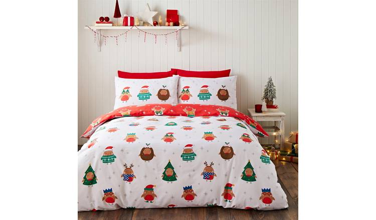 Catherine Lansfield Christmas Party Robins Duvet Cover Set - Double - White