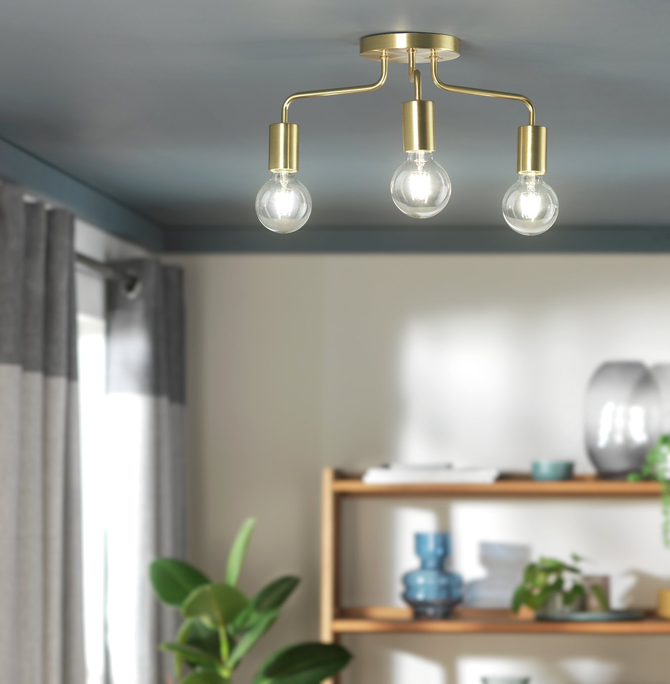 Habitat Rayner 3 Light Flush Ceiling Light - Brass