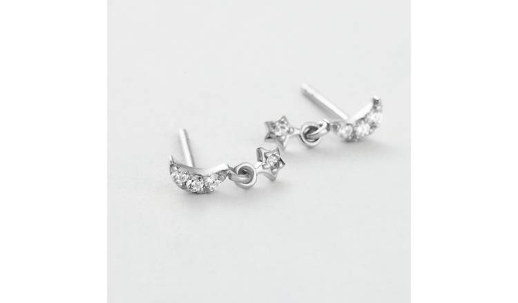 Revere Sterling Silver Cubic Zirconia Star Drop Moon Stud Earrings