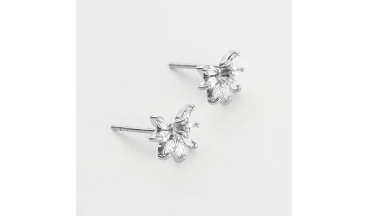 Revere Sterling Silver Floral Marquise Cubic Zirconia Stud Earrings