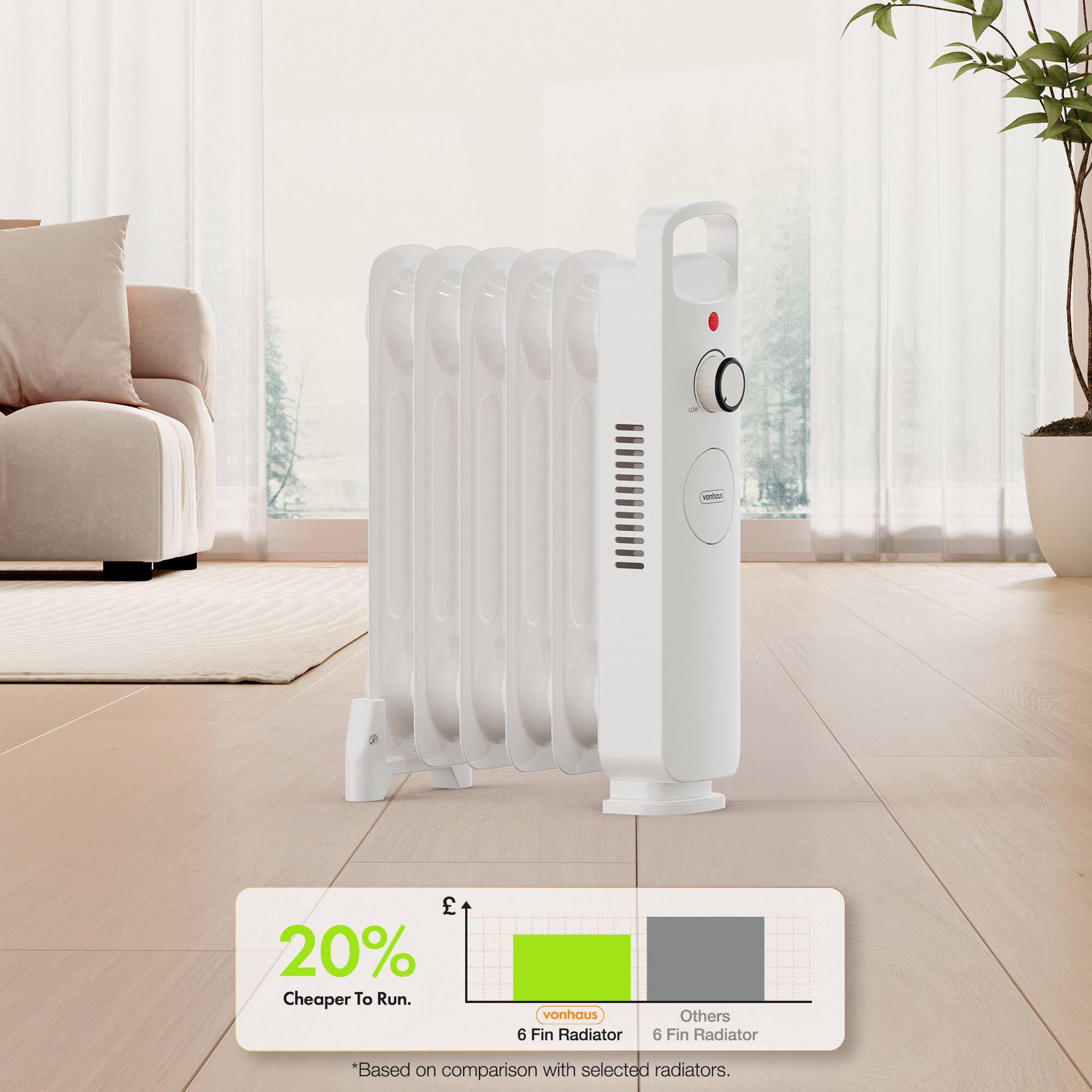 VonHaus Oil Filled Radiator 6 Fins Portable Electric Heater - White - Image 3
