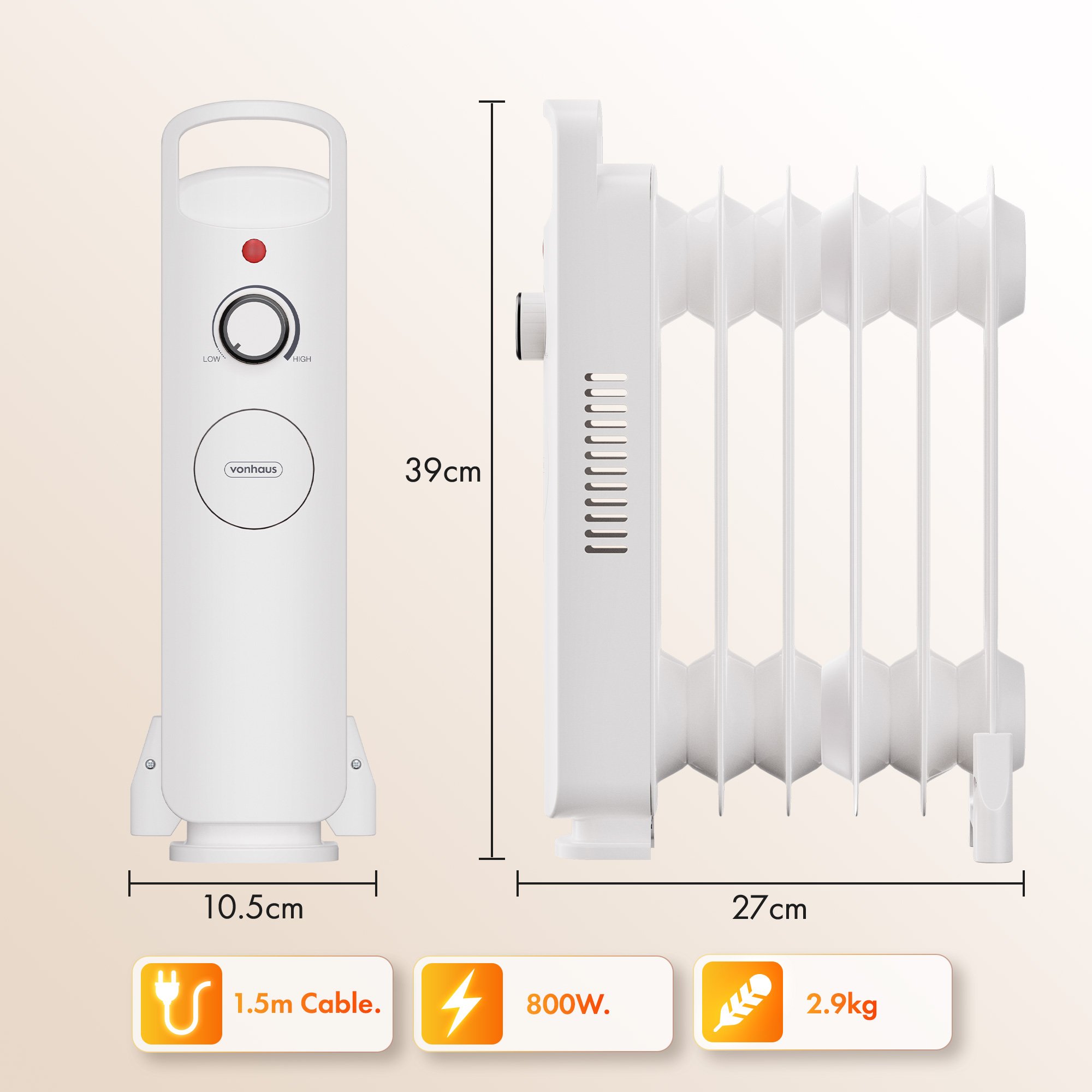 VonHaus Oil Filled Radiator 6 Fins Portable Electric Heater - White - Image 6
