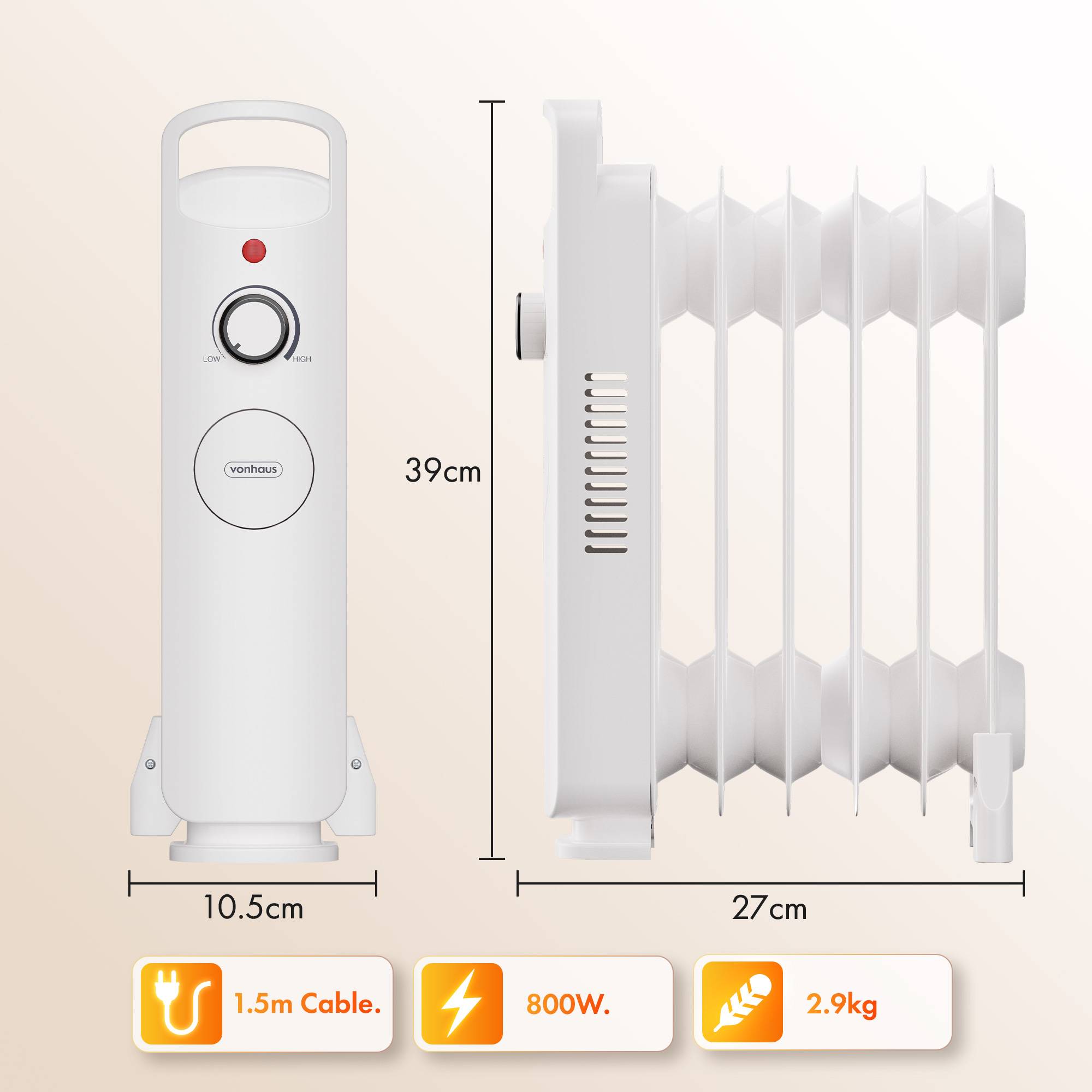VonHaus Oil Filled Radiator 6 Fins Portable Electric Heater - White - Image 6