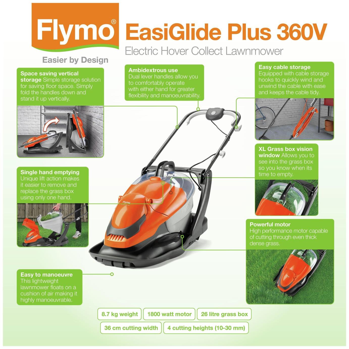 Flymo EASI GLIDE Plus 360V Collect Hover Mower 360mm Lawnmowers ...