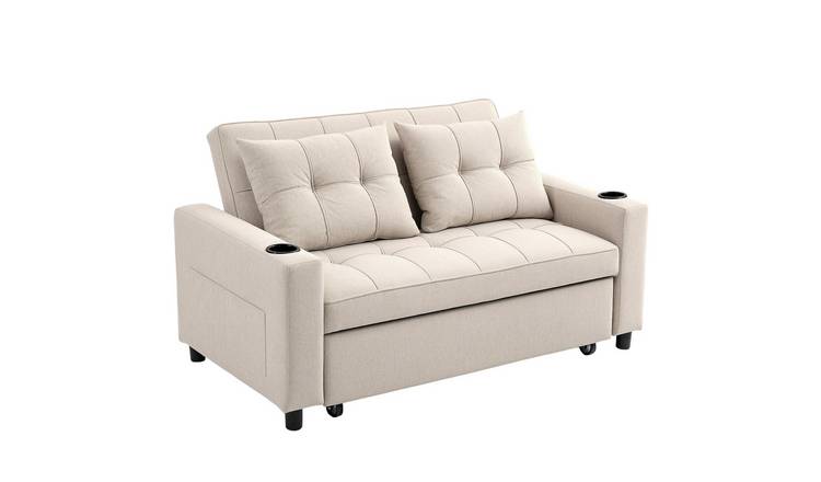 HOMCOM 3 in 1 2 Seater Fabric Adjustable Sofa Bed with Cup Holder - Beige