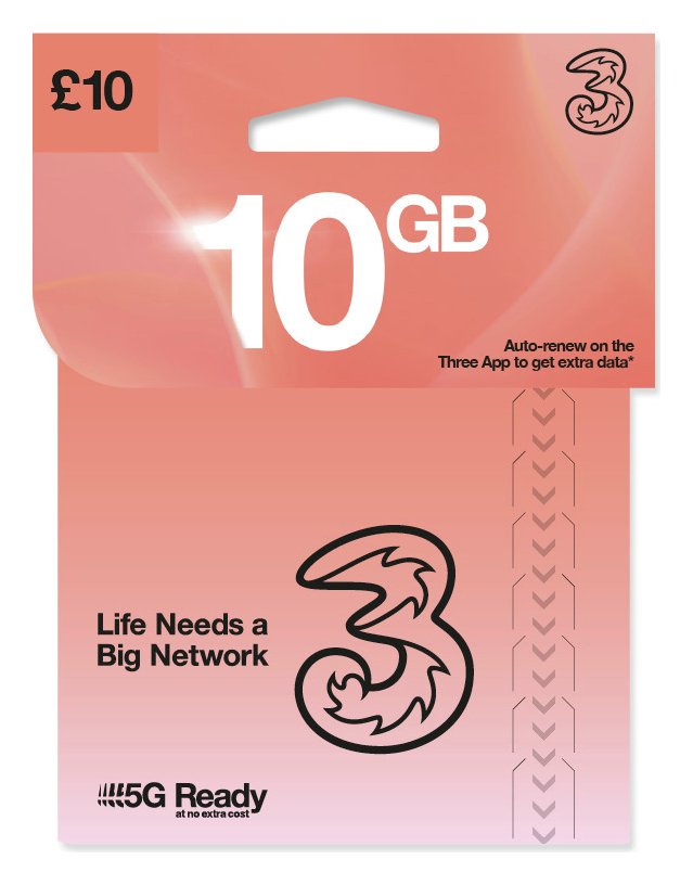 Three 10GB New Pay As You Go SIM Card