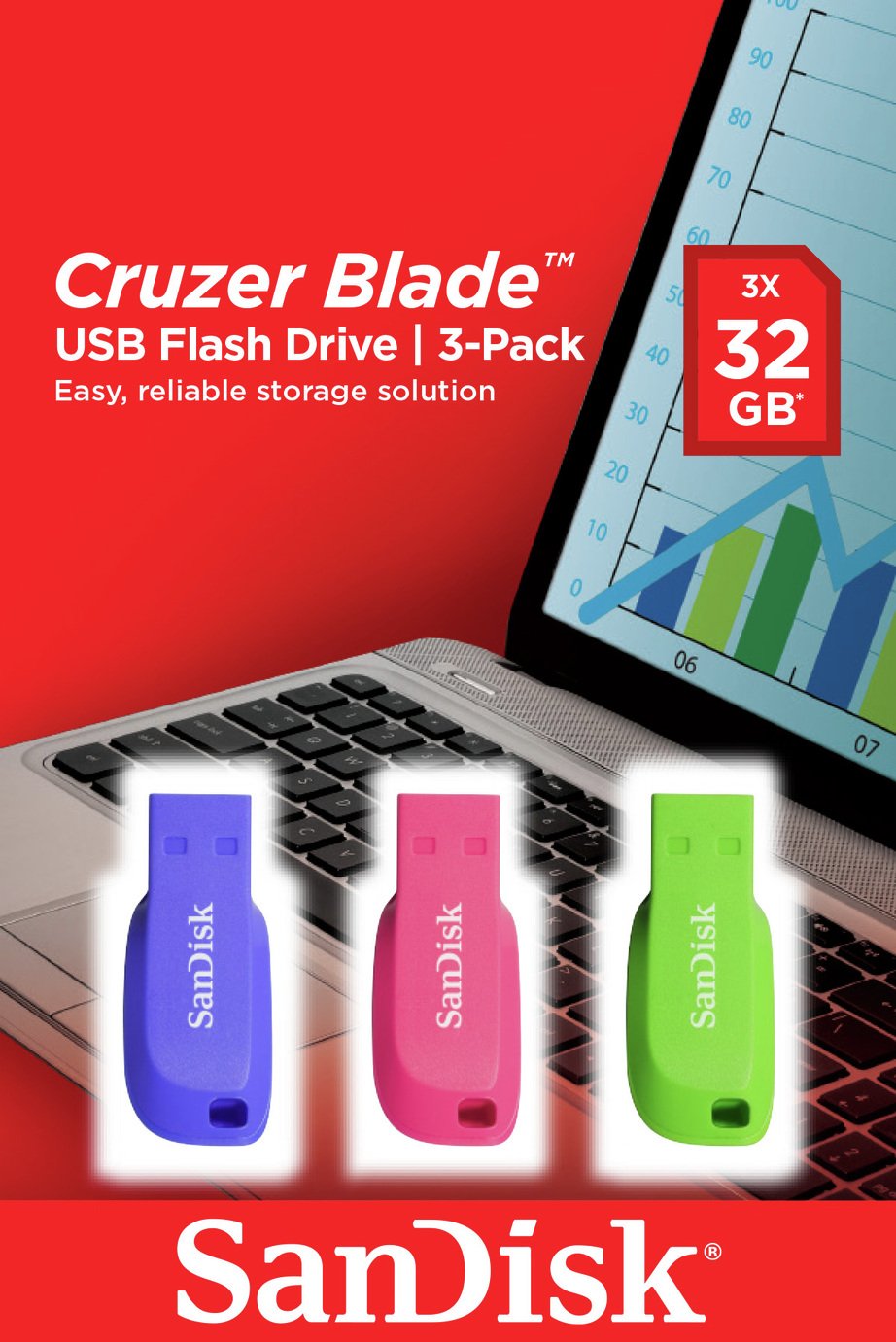 SanDisk Cruzer Blade USB 2.0 Flash Drive Pack of 3 - 32GB