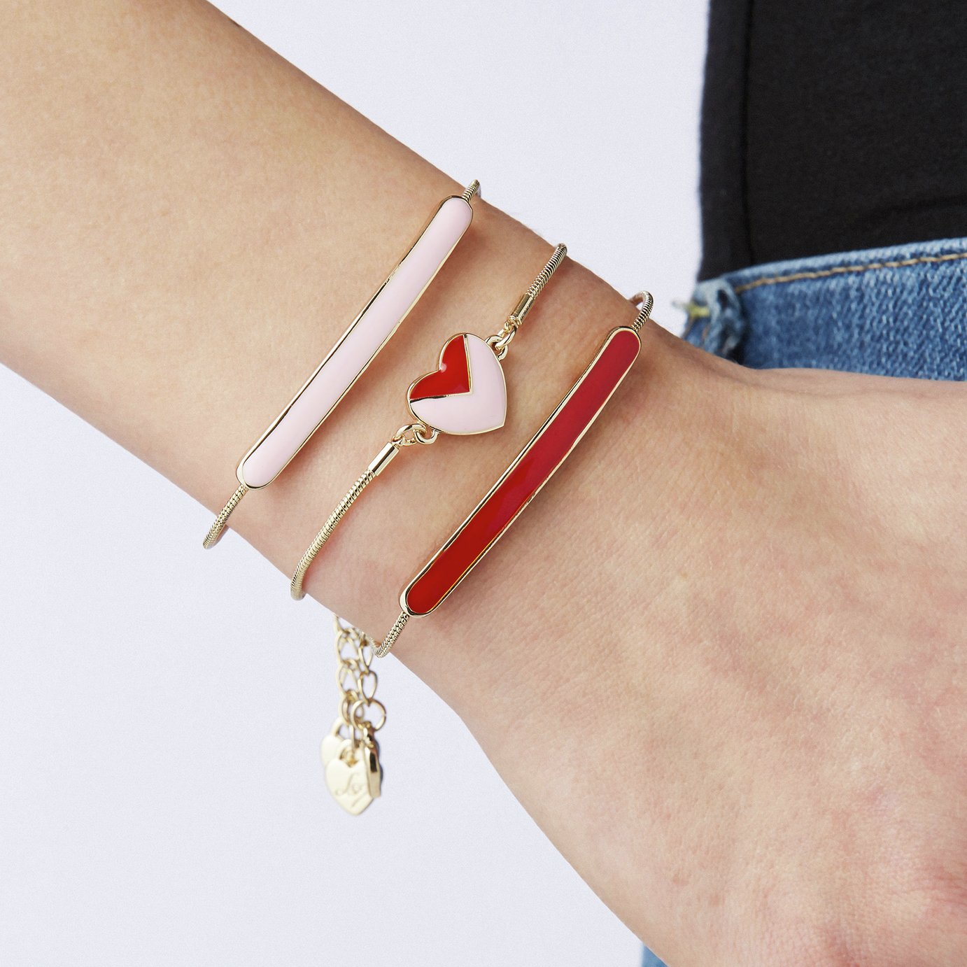 Lipsy Gold Colour Red & Pink Enamel Heart & Bar Bracelet