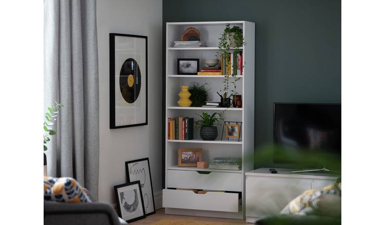 White bookshelves deals with drawers