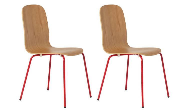 Habitat Kirby Pair of Metal Chair - Oak and Red Gloss