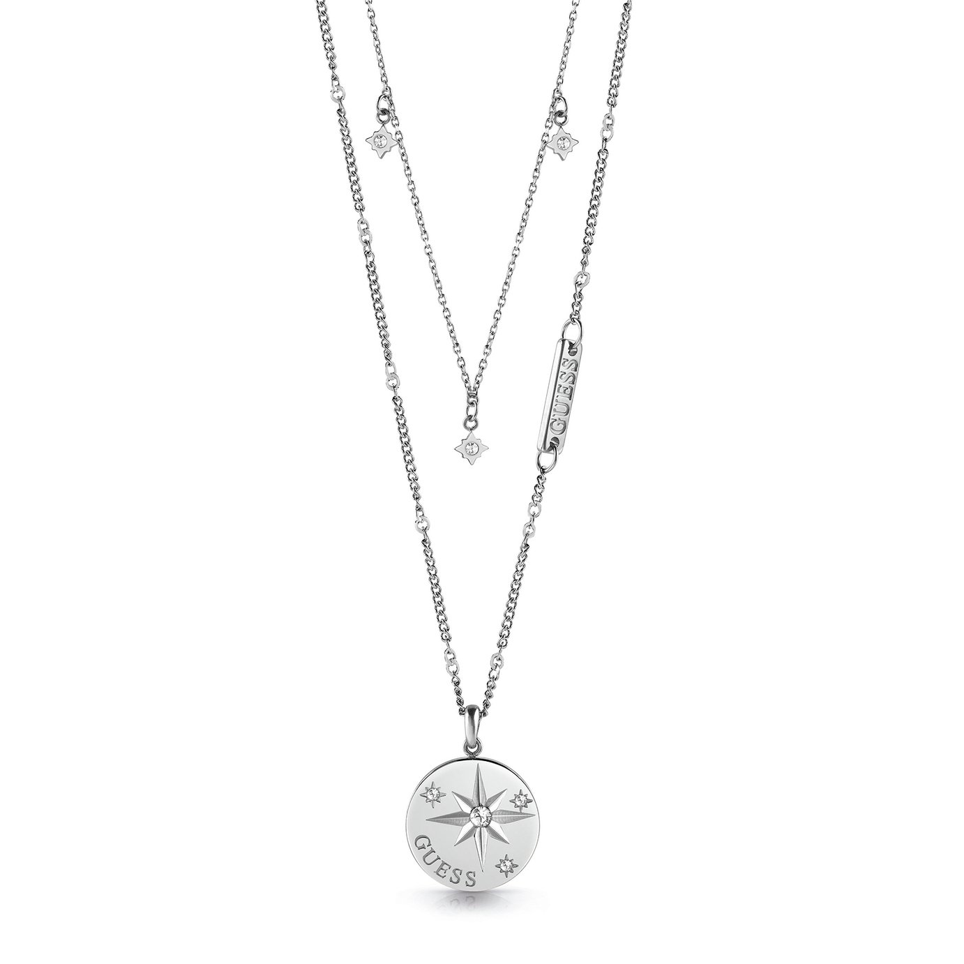 Guess Wanderlust Silver Plated Crystal Compass Necklace