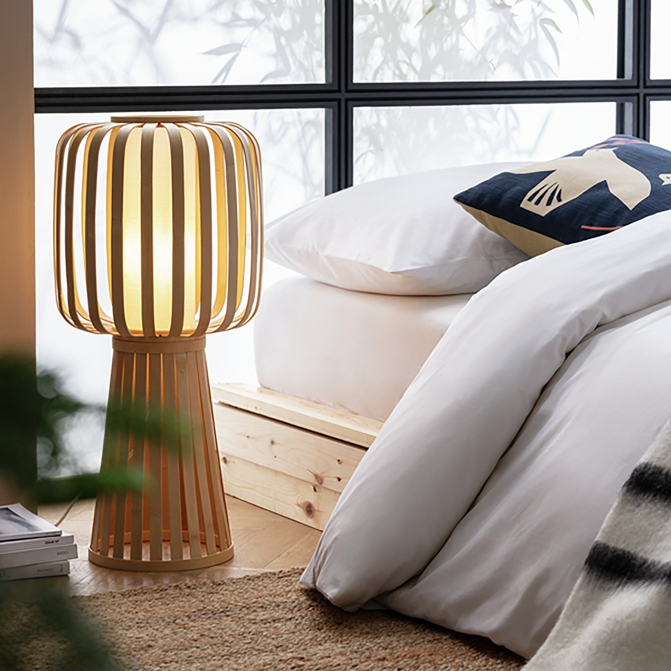 Habitat Achille Bamboo Table Lamp - Natural & White