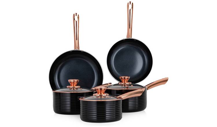 Tower Rose Gold Pot and Pan Set, Non Stick and Easy to Clean, Black, 5 Piece