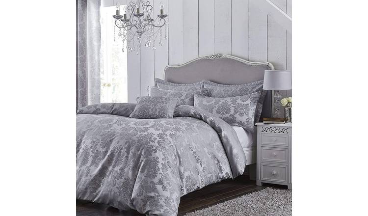 Catherine Lansfield Damask Jacquard Duvet Cover Set - Super King - Silver Grey