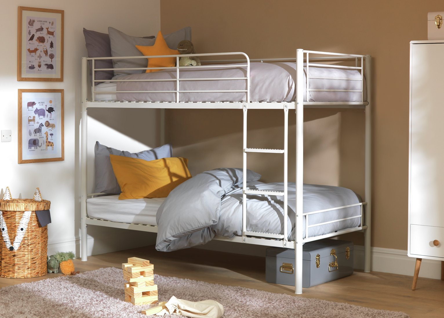 white metal bunk beds