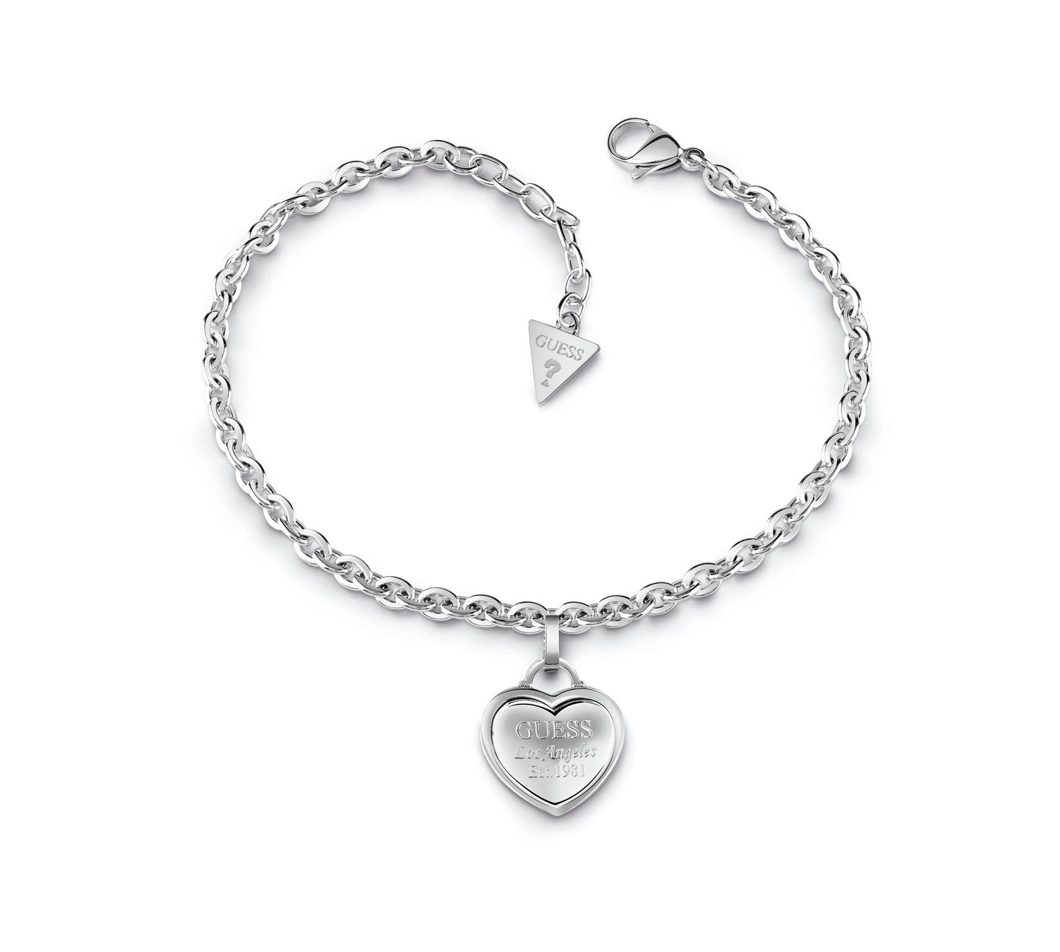 Guess Rhodium Plated with Logo Heart Charm Bracelet