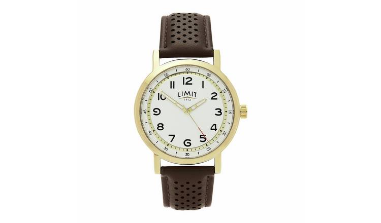 Limit Mens White Dial Round Gold Case Brown Leather Watch