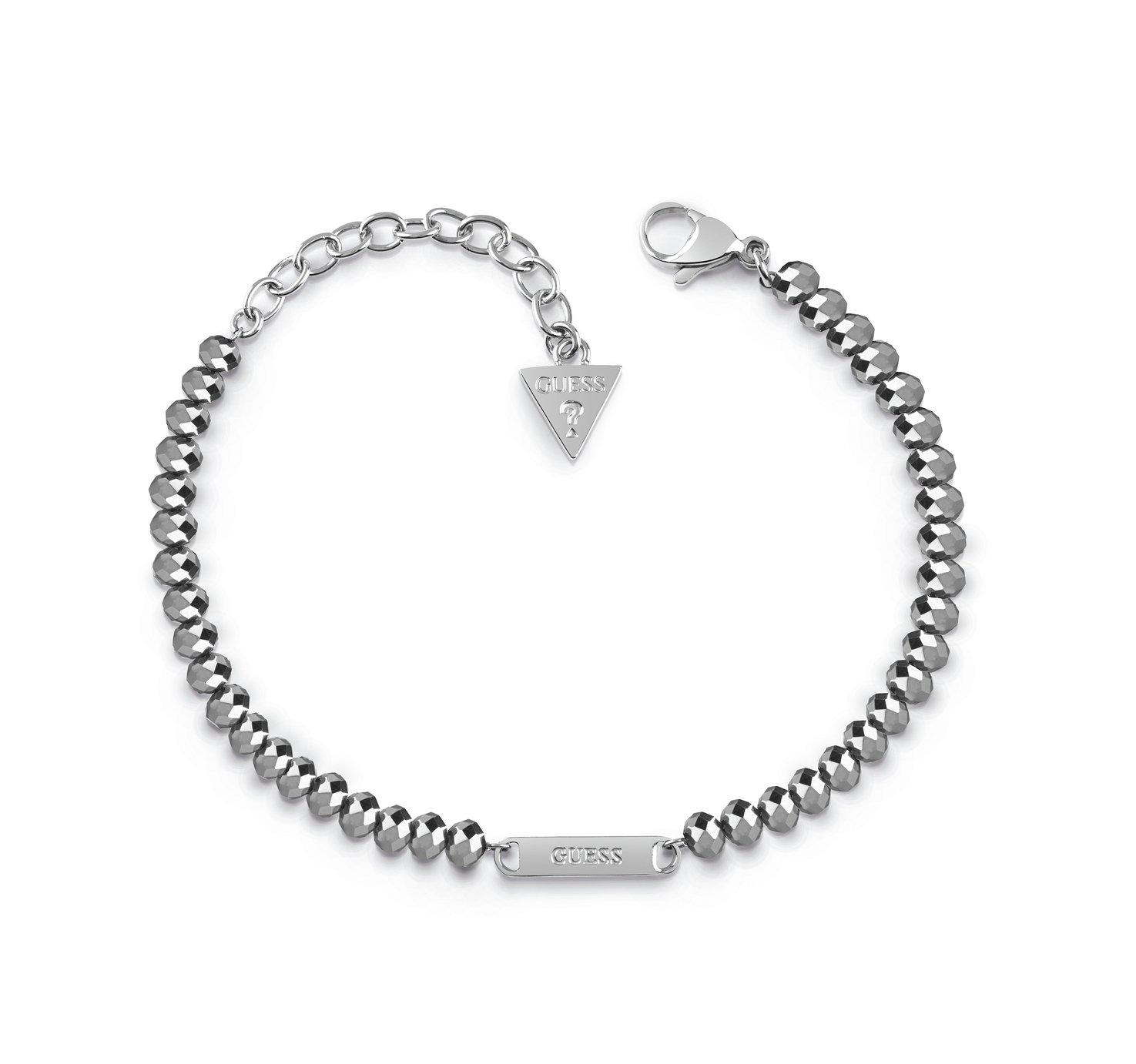 Guess Silver Bead with Rhodium Plated Logo Plaque Bracelet
