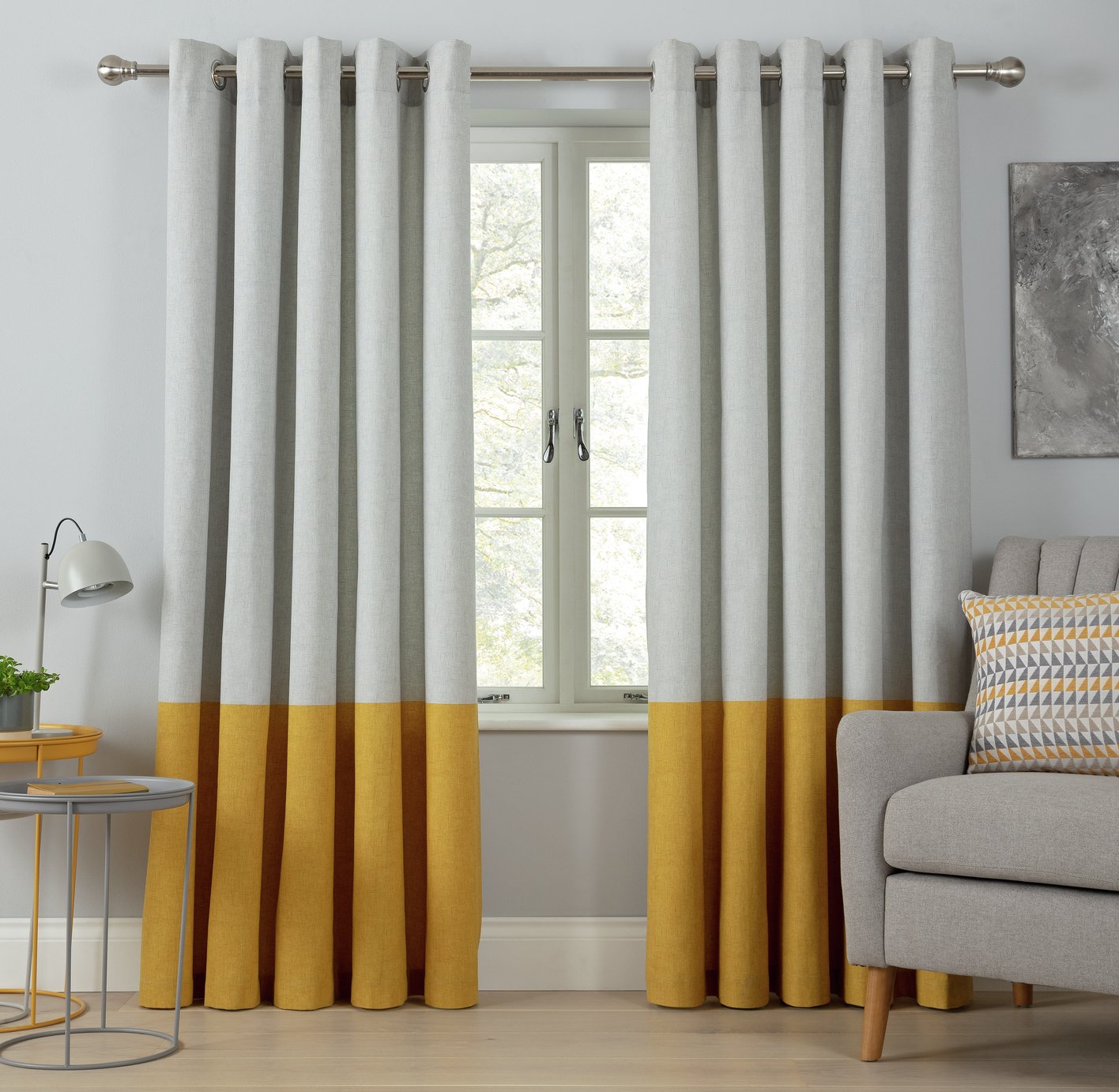 Argos Home Printed Border Unlined Eyelet Curtains - Mustard