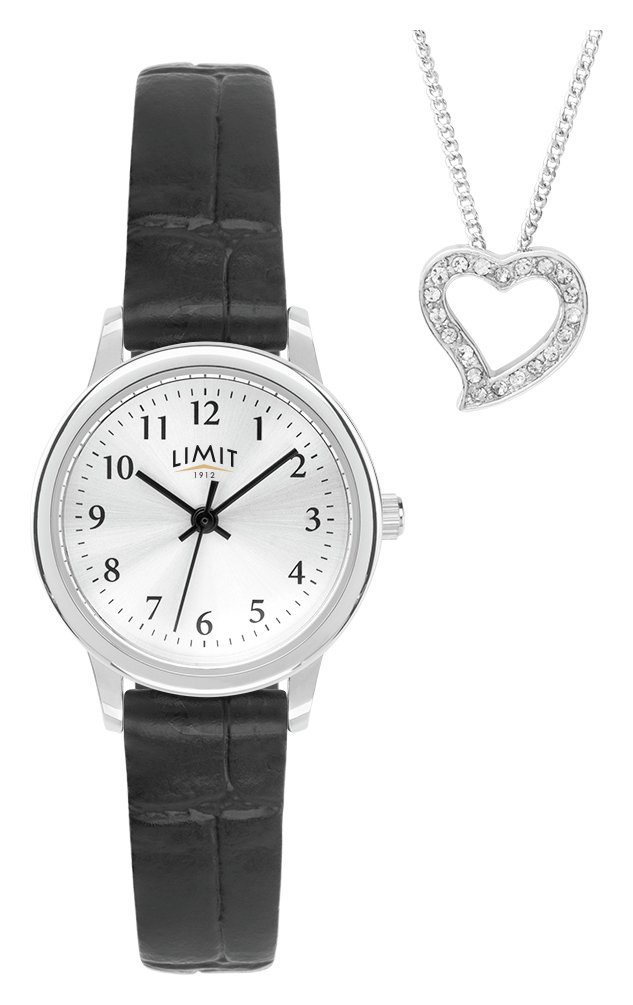 Limit Ladies Black Faux Leather Strap Watch & Heart Pendant