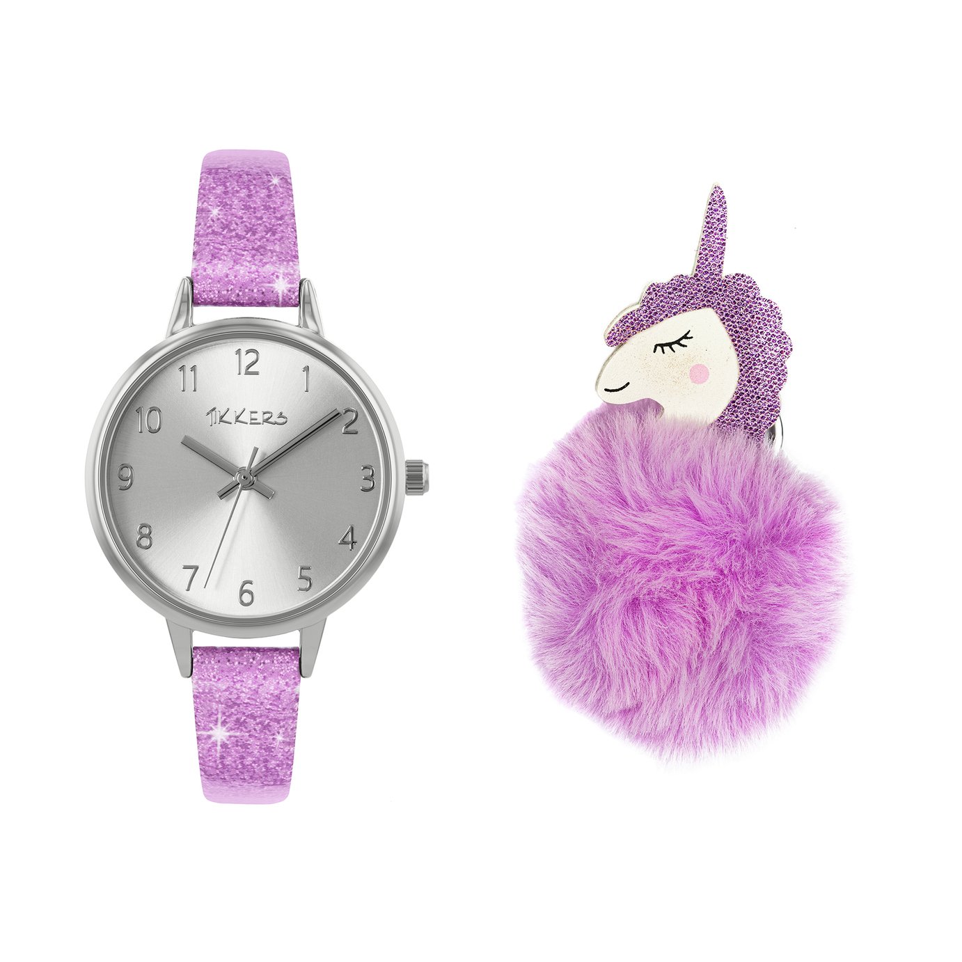 Tikkers Lilac Silicone Strap Watch & Unicorn Pompom keyring