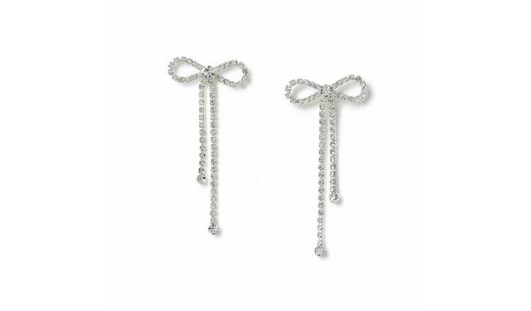 Freedom Silver Tone Bow Crystal Drop Earrings