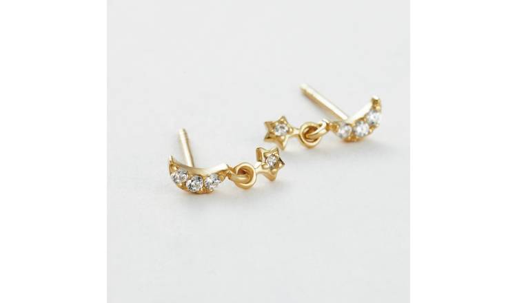 Revere Gold Plated Silver Cubic Zirconia Star Drop Moon Stud Earrings